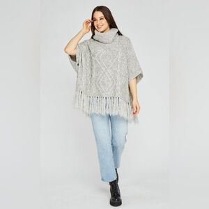 Gentle Fawn Tassel Cowl Neck Turtleneck Gray Cream Boho Poncho KNit Sweater O/S